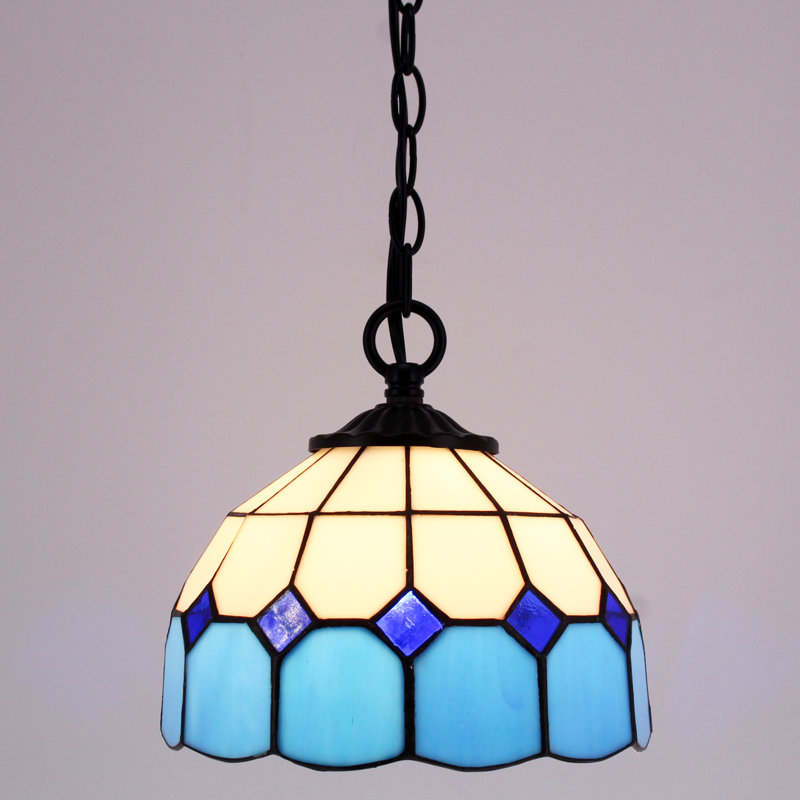 Small Tiffany Pendant Light Plug in White Blue Checkered Style Stained Glass Hanging Lamp