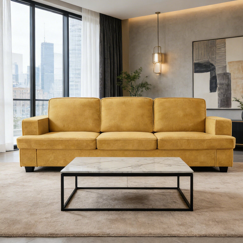 Canapé 3 places de style moderne avec assise profonde et mousse haute densité pour le salon, Jaune moutarde