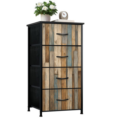 Commode pour la chambre à coucher avec 4 tiroirs de rangement Planche de bois rustique vieilli brun gris blanc Tons de commode Commode en acier avec cadre en tissu pour vestibule