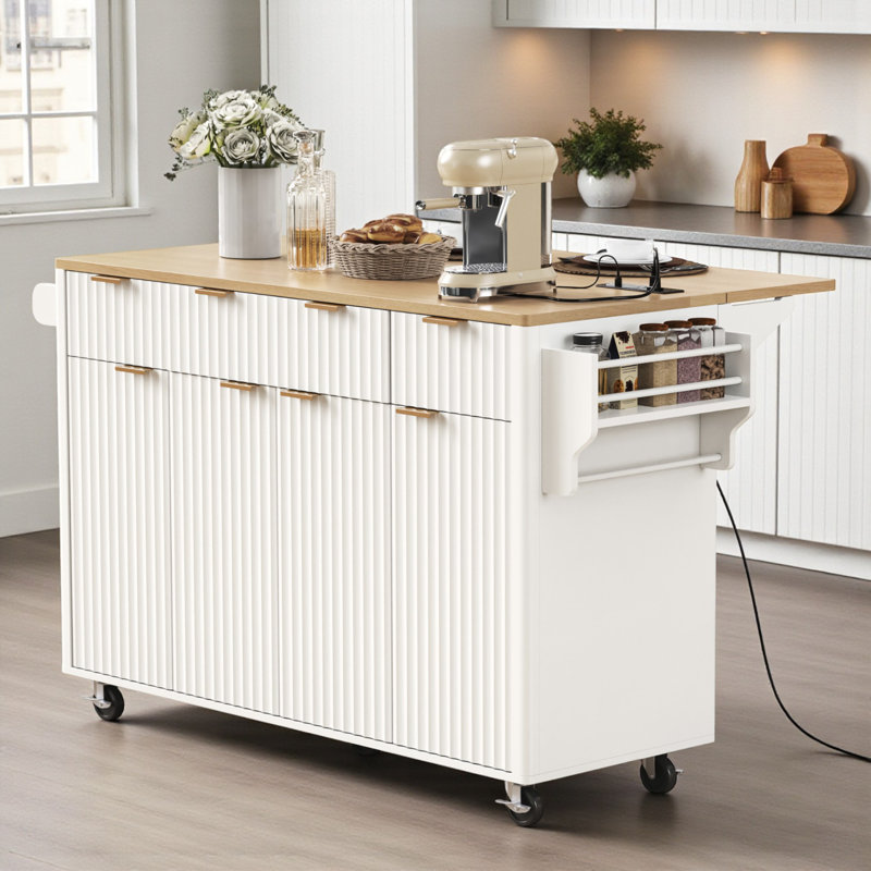 Îlot de cuisine de 55,5 po de large avec abattant, H 35,85 po x l 55,5 po x P 28,9 po, Blanc/naturel