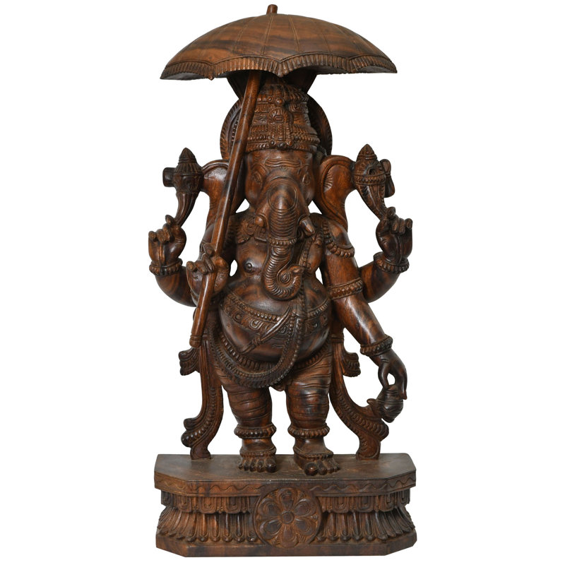 Hand-Carved Wood Lord Ganesha Statue with Royal Umbrella, 36 in. Height     South Indian Temple Sculpture for Home Altar & Meditation Room