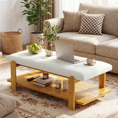Ottoman Coffee Table with Solid Wood Frame, Rectangle Large Footrest Ottoman with Storage Shelf, Upholstered Center Table for Living Room, Bedroom