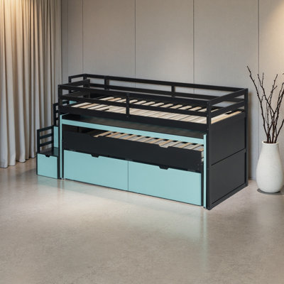 Lit mezzanine avec bureau coulissant et lit gigogne simple, lit superposé multifonctionnel avec 2 tiroirs de rangement et marches de rangement, base de lit pour poste de travail peu encombrante