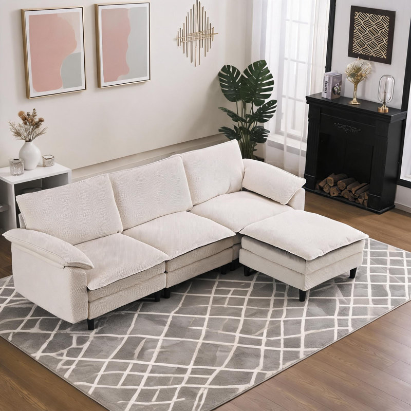 100.43-Inch Gray-White L-Shaped Cloud Sofa, Chenille Three-Seater With Ottoman, Suitable For Living Room, Bedroom, And Apartment.