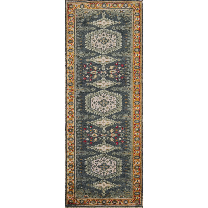 Tapis de couloir indien géométrique en laine 3 x 8