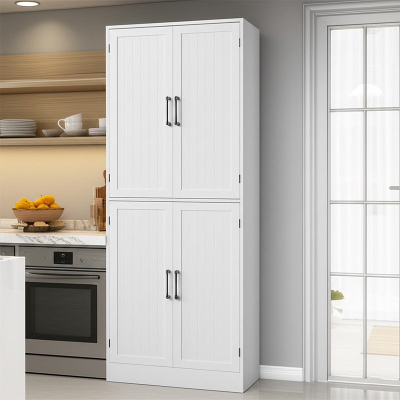 71" Farmhouse Pantry Cabinet, Tall Storage Cabinet With 4 Doors And Adjustable Shelves, Freestanding Pantry For Dining Room, Kitchen, And Living Room, White