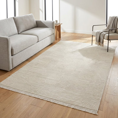 Tapis géométrique moderne de patchwork crème (2,6 pi x 4,9 pi)