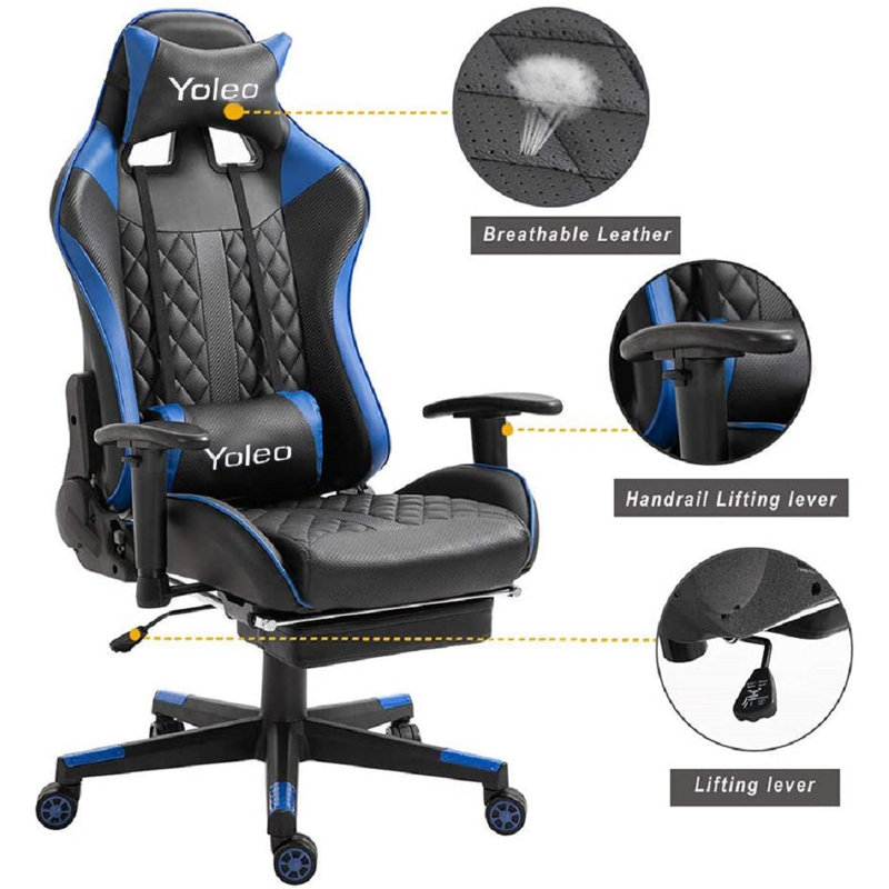 Yoleo Adjustable Reclining Ergonomic Faux Leather Swiveling PC & Racing Game Chair, Blue