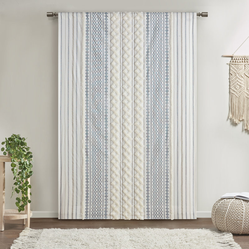 Ivory and Navy Cotton Chenille Stripe Light-Filtering Curtain Panel