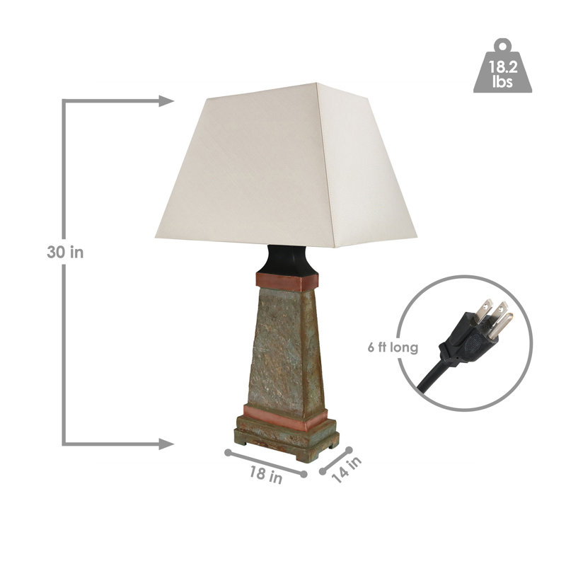 Wallach 30" Natural Slate Outdoor Table Lamp with White Shade and Copper Accents