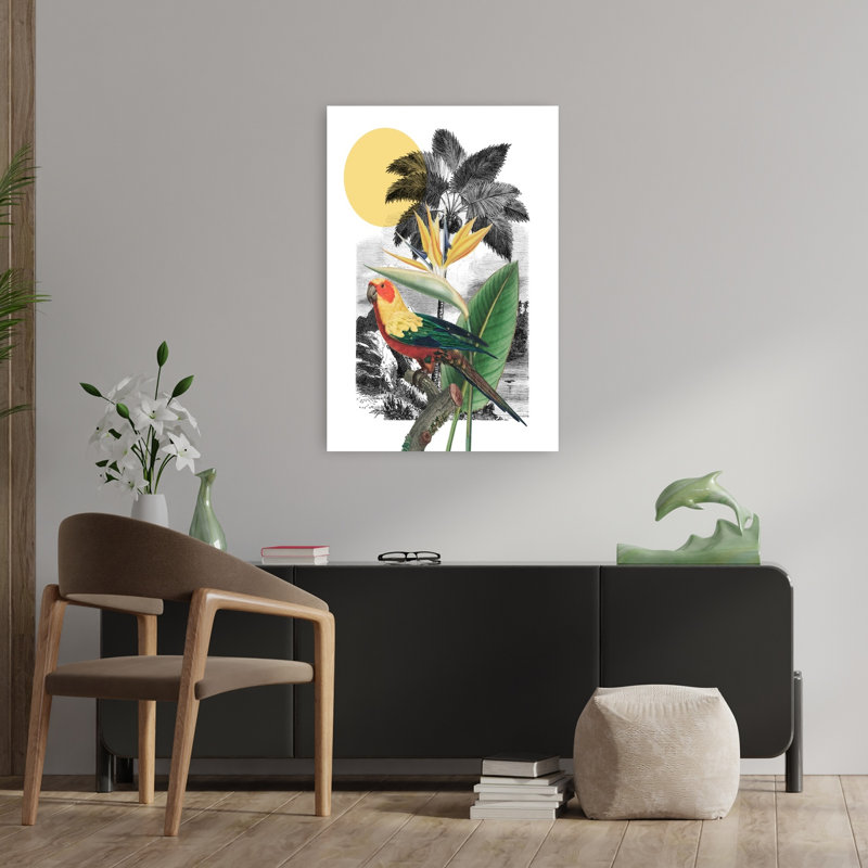 A Tropical Collage Vintage Abstract Palm Tree Bird Animal Flower Wall Art Print 1 Piece Wrapped Canvas Wall Art