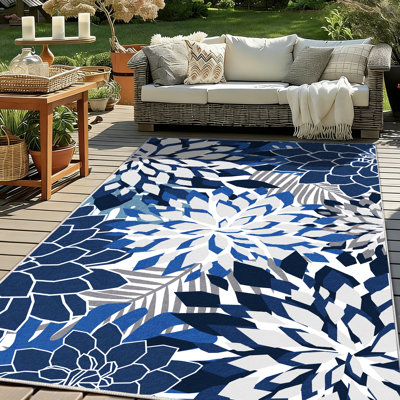 Tapis d'intérieur / extérieur à motif floral tropical ZonLi, 8 pi x 10 pi, bleu / blanc, imperméable, lavable, antidérapant