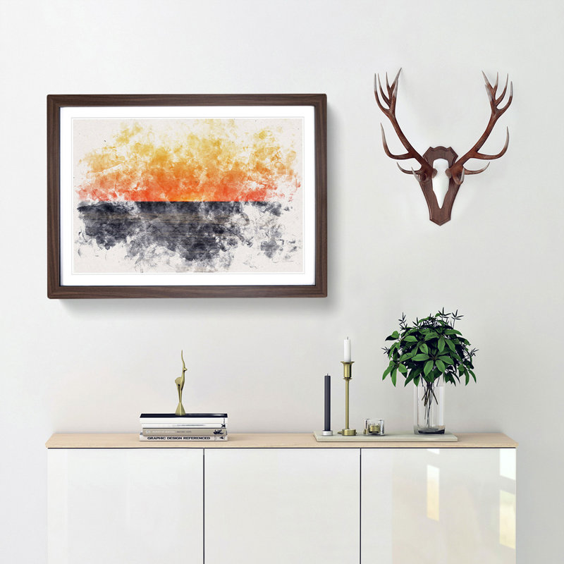 An Orange Sunset Watercolour - Framed Print, 36cm H x 48cm W x 2cm D, Walnut Framed