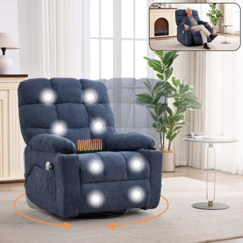 Single-Seater Chenille Fabric 360° Swivel Rocking Manual Recliner Chair with Massage & Heat, 8 Vibration Nodes, 155° Reclining, Side Pockets & Cup Holders for Living Room, Bedroom