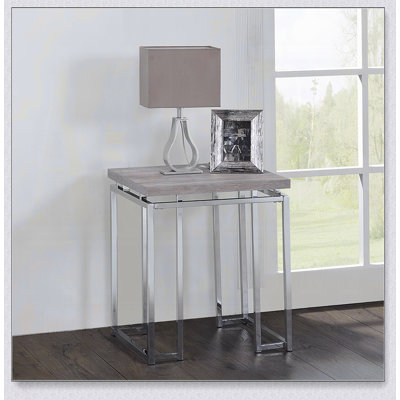 Modern Contemporary End Table With Natural Oak Top And Chrome Finish Frame For Elegant Living Room Decor
