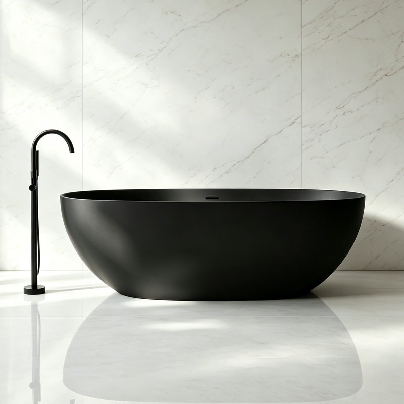 Baignoire de trempage autoportante noire à surface solide 67 "x 29,5" avec trop-plein et bonde escamotable pour salle de bain MonBlari