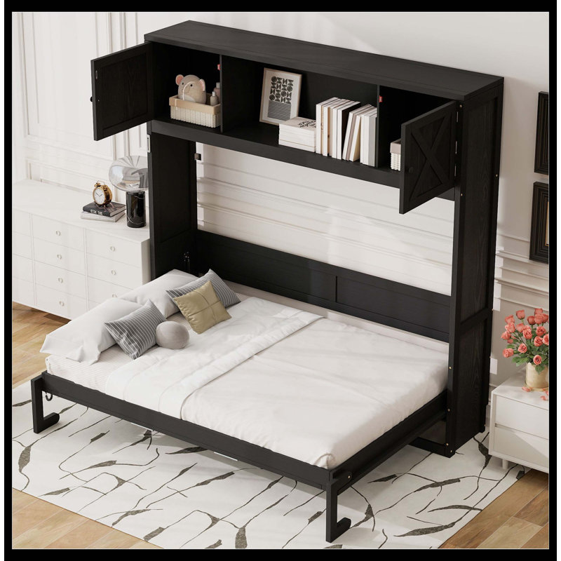 Grand lit escamotable noir avec armoires de rangement, Noir