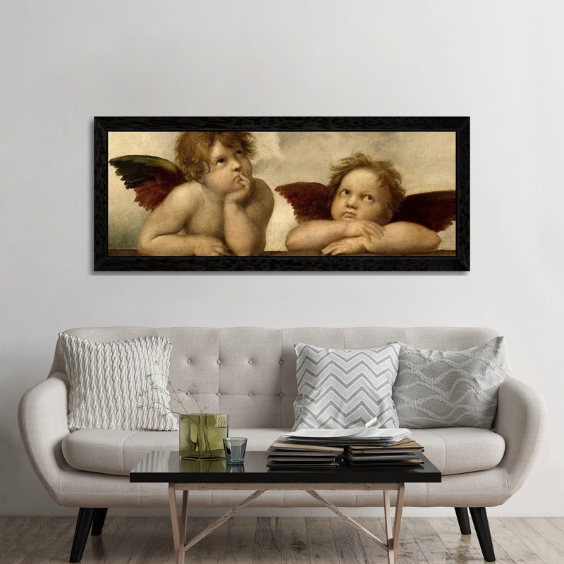 The Two Angels by Raphael - Floater Frame Panoramic Painting on Canvas, 152.4 cm H x 50.8 cm W, Black