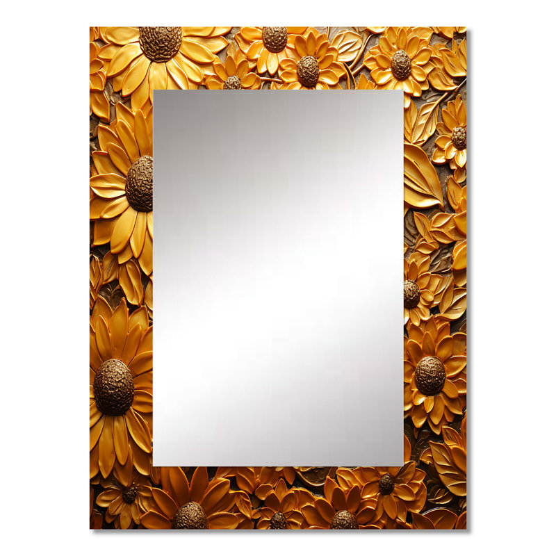 Golden Radiant Sunflower Blooming - miroir décoratif tournesol, grand miroir mural traditionnel, impression d'art en métal