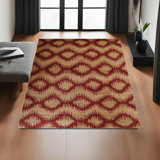 Tapis rouge fait à la main à motif géométrique 100% laine rouge or noué à la main