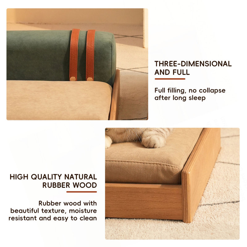Lit pour animaux en bois moderne pour chats et chiens - placage de chêne, tissu résistant aux égratignures, coussin amovible