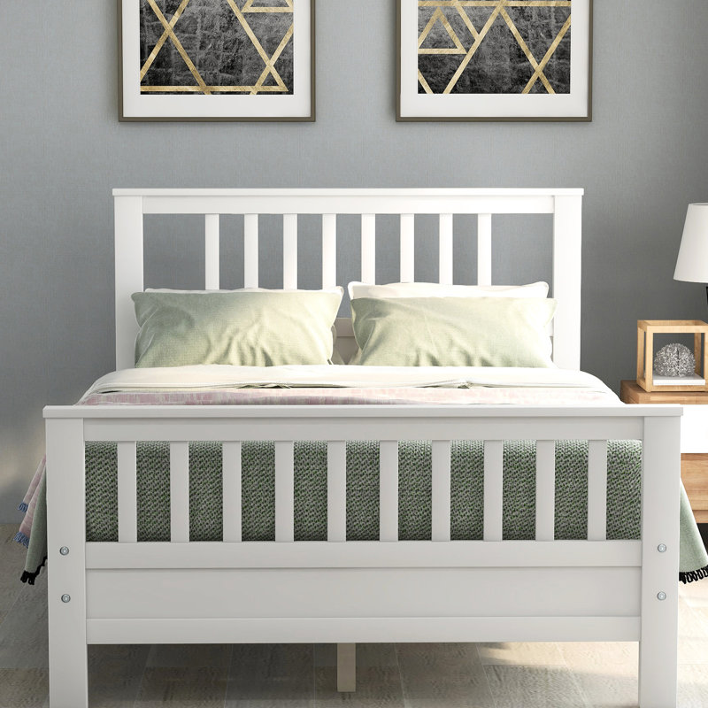 Lit double en bois blanc avec tête de lit de 42 po, 26,3, 10 lattes robustes et lit stable, facile à entretenir