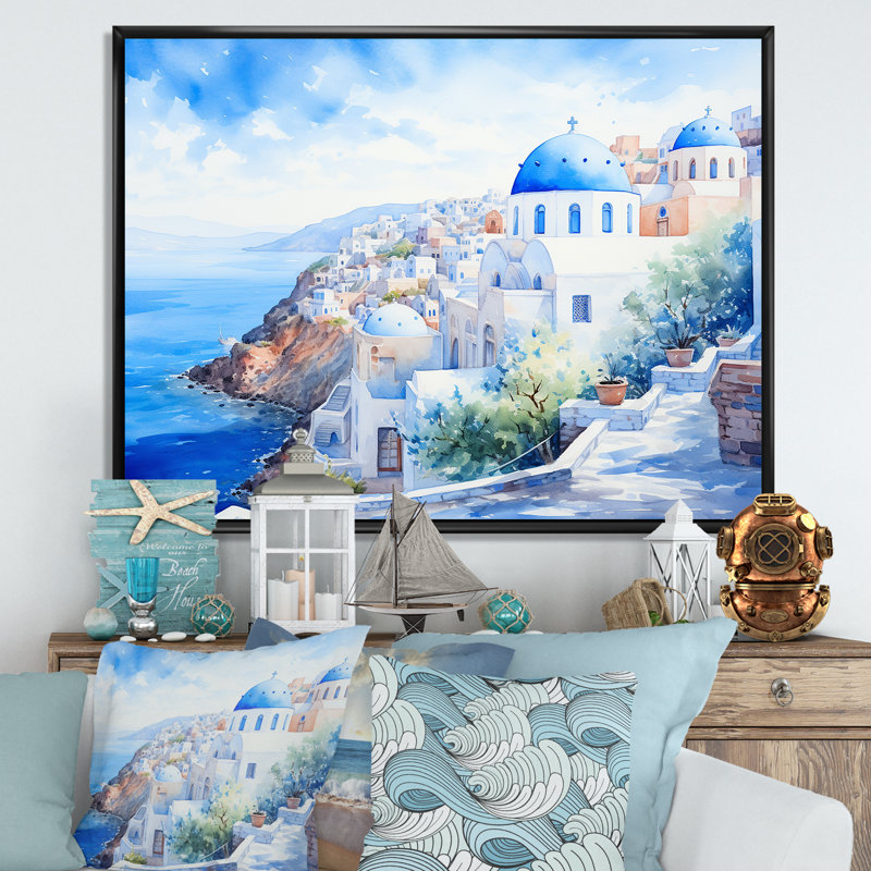 Art mural bleu et blanc Santorini Village II - Grèce, Cadre flottant noir, H 12 po x l 20 po x P 1 po