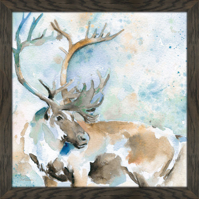 « caribou on blue », reproduction de peinture à l’aquarelle encadrée, H 39,5 po x l 39,5 po x P 0,75 po