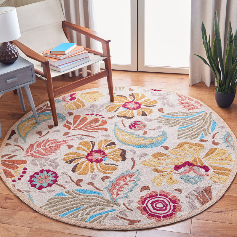 Doyle Hand Hooked Performance Floral Rug, Round 4'