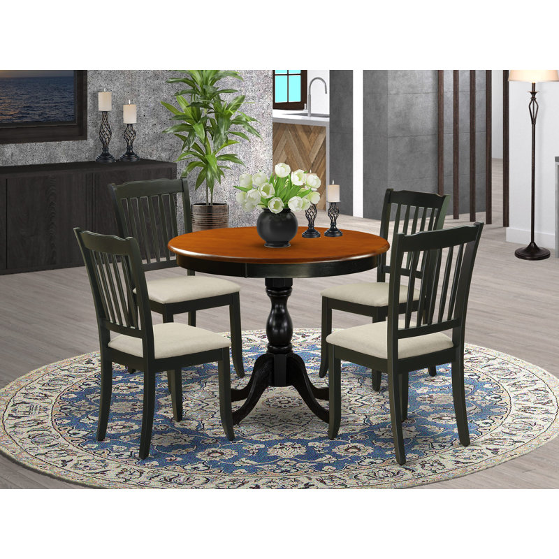 Ensemble de salle à manger 5 pièces moderne comprenant une table ronde en bois et 4 chaises de salle à manger en tissu de lin avec dossier à lattes - finition noire
