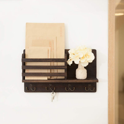 Wall Mounted Mail Holder Wooden Key Holder Rack Mail Sorter Organizer with 4 Double Key Hooks and A Floating Shelf Farmhouse Rustic Home Decor for Ent