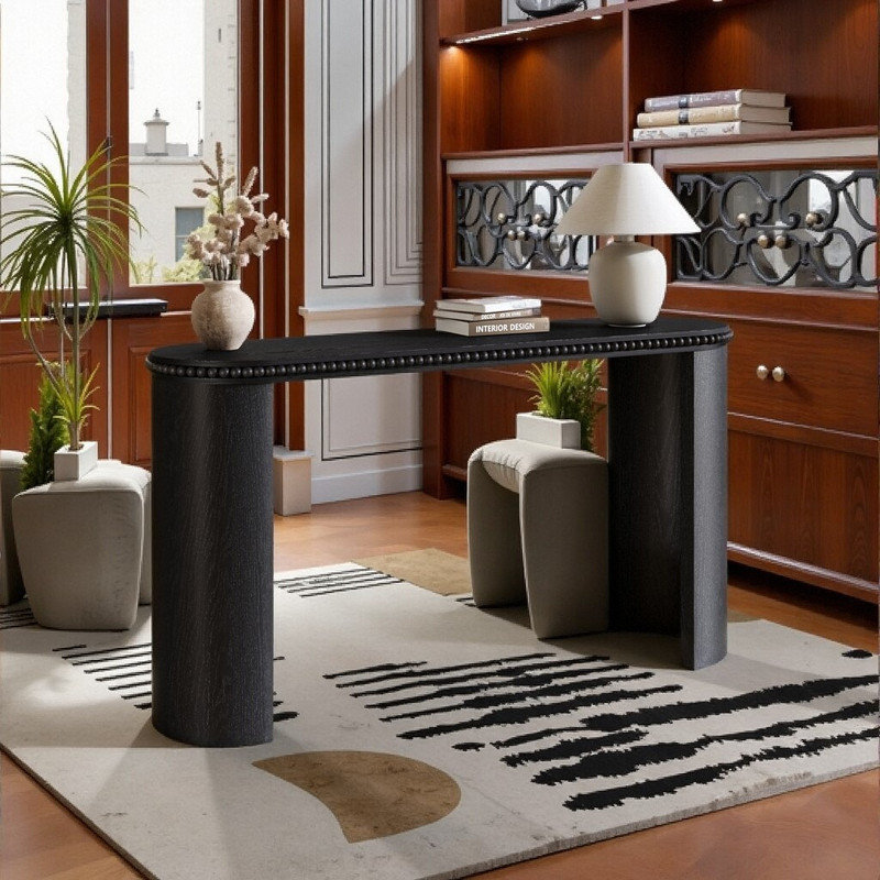 Console de 60 pouces avec pieds incurvés réversibles, plateau en bois massif, Noir