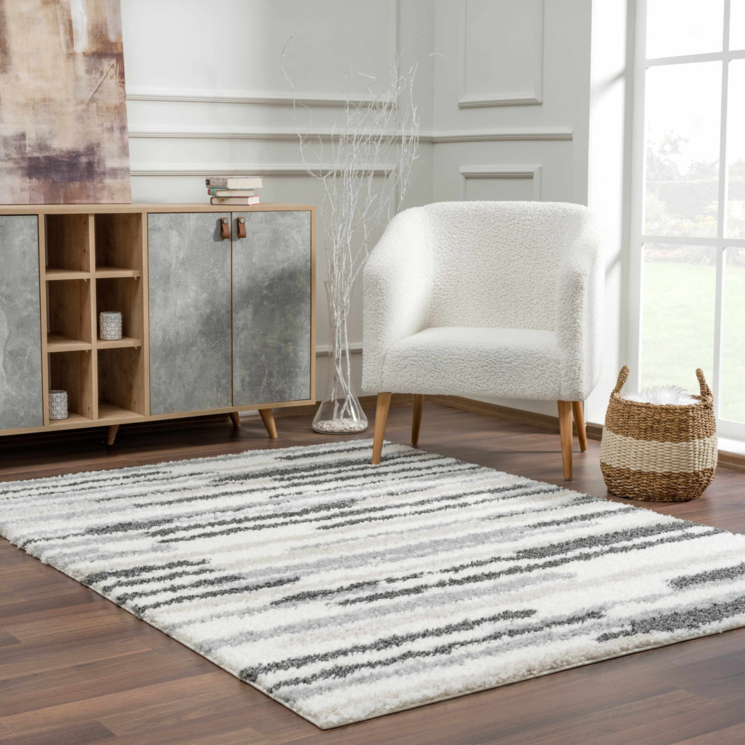 Zoya Striped Shaggy Plush Grey/Beige/Cream Area Rug Hauteloom Rug