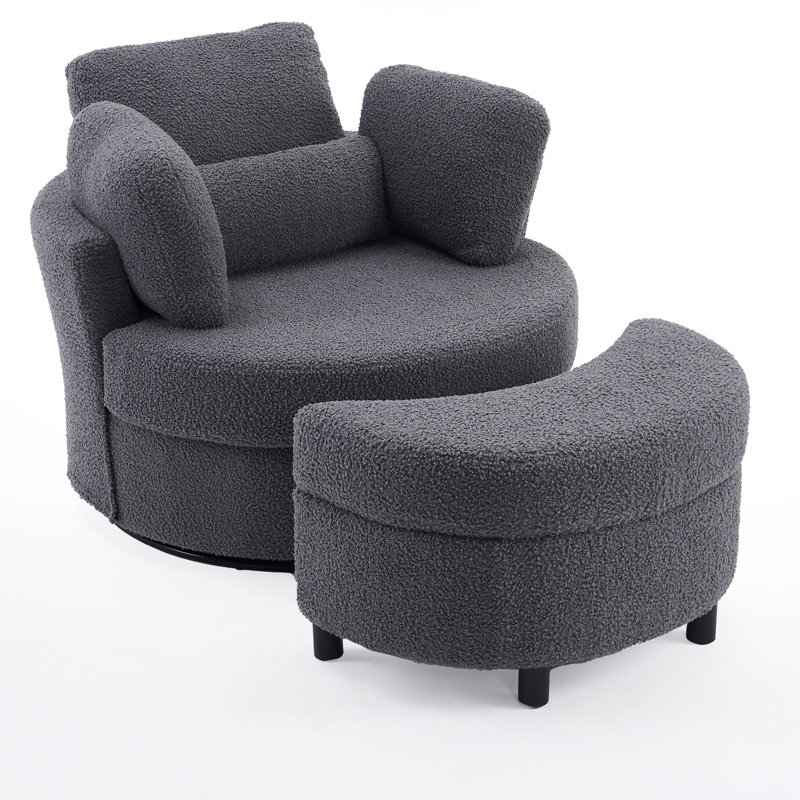 Swivel Armchair with Footstool, Grey Teddy