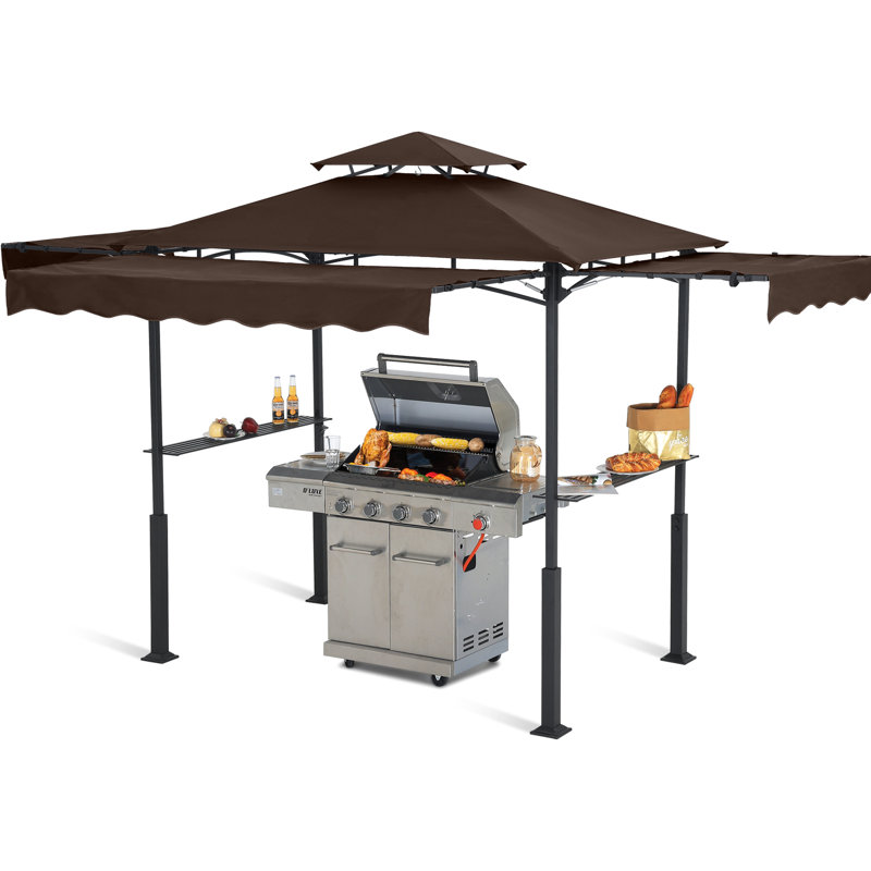 14 Ft. W X 8 Ft. D Steel Grill Gazebo With Collapsible Awnings, Brown