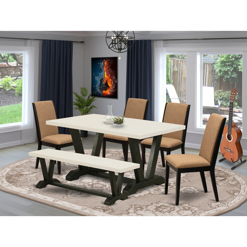 L'ensemble de 6 pièces comprend une table de salle à manger en lin blanc et un banc de salle à manger, ainsi que 4 chaises de salle à manger en tissu de lin sable clair - finition noire brossée