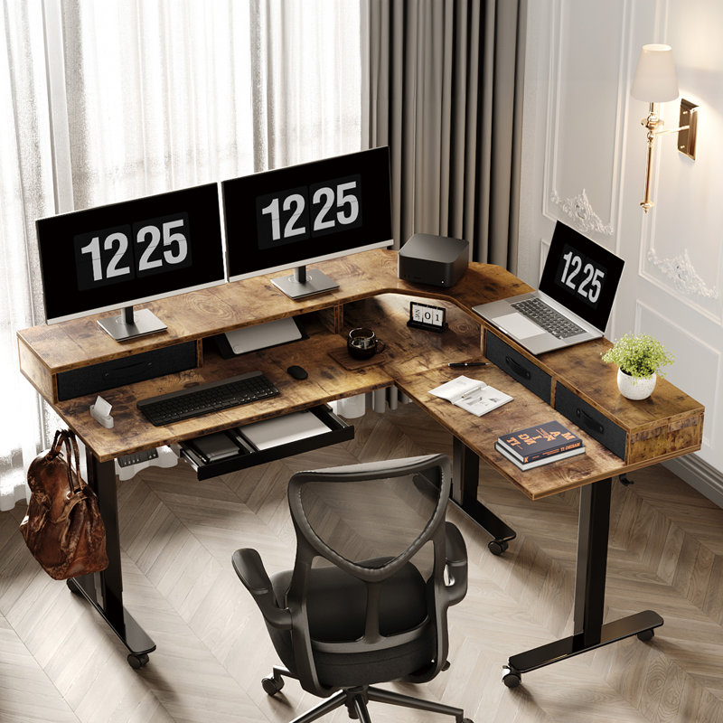 Shah 63" W L Shaped Standing Desk with Drawers and Wheels, Dual Motor Adjustable Desk for Home Office, Brown/Black