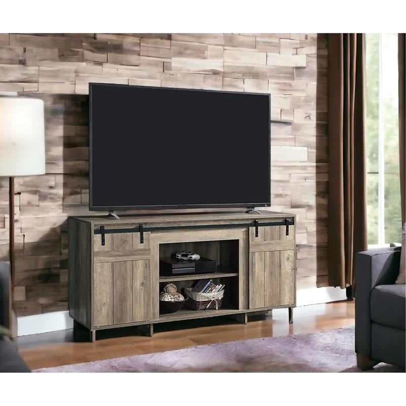 Meuble télé gris avec portes et tiroirs, pouvant accueillir des téléviseurs de 50 à 59 pouces, style rustique, bois composite, commode élégante à finition grise, porte de grange