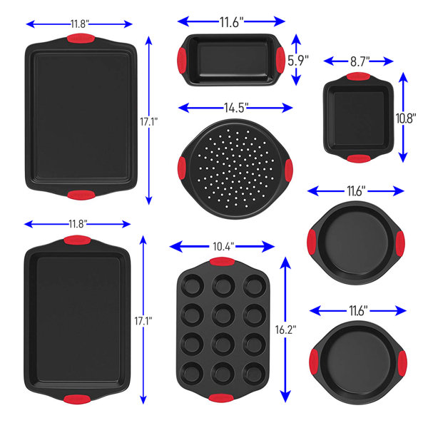 NutriChef Steel Nonstick Bakeware Set - Carbon Steel Baking Tray Set  w/Heatsafe Red Silicone Handles, Oven Safe Up to 450°F, Pizza Loaf Muffin