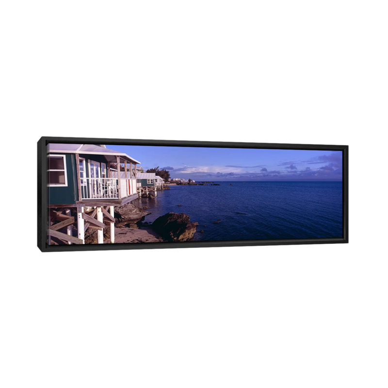 Cabanas sur la plage des Bermudes - reproduction de photo sur toile tendue, H 12 po x l 36 po x 1,5 po, Toile avec cadre noir