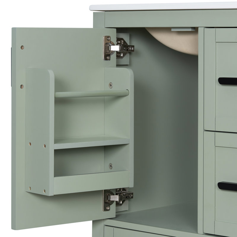 24" Bathroom Vanity With Ceramic Top, Cabinet And Drawers, Green, Black