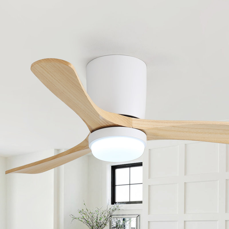 42" Flush Mount 3-Solid Wood Blade Ceiling Fan Led Light, Silent Remote Control, White / Beige Wood