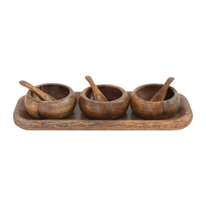 Natural Mango Wood Spice Bowl Set with Spoons and Tray