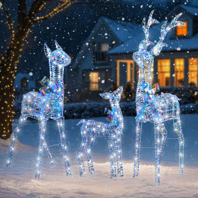 Iridescent Rattan Christmas Reindeer and Sleigh Decor Set with 150 RGB LED Lights, 16 Colors and Remote Control