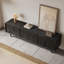 Meuble télé noir moderne pour téléviseur de 75 po, console média 71 po avec 4 portes, meuble télé Mid-Century avec pieds en bois massif, table télé pour le salon, pré-assemblé