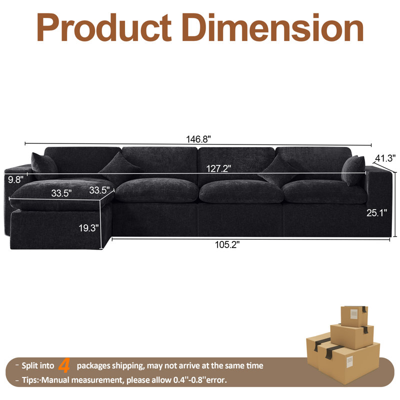 Compression Sectional Couch with Ottoman, Dark Black Chenille, 5