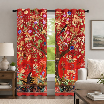 2Pcs Vibrant Red Floral and Bird Curtains, Botanical Garden Style Curtain, Decorative Nature-Inspired Printed Art Grommet Drapes, Window Treatment for Bedroom Living Room Decor