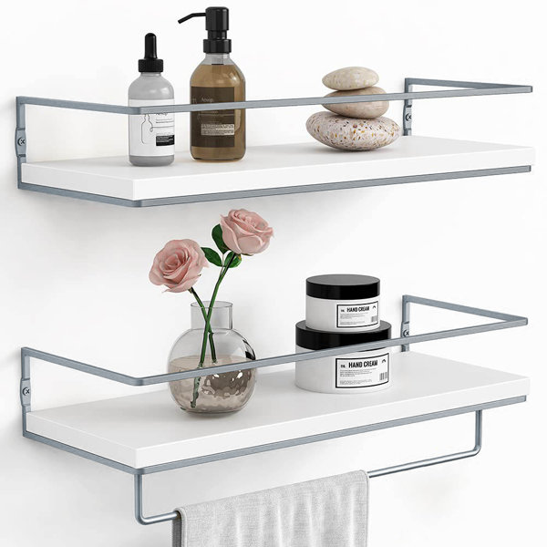 2 Pack Bathroom Shelves Adhesive Floating Extra Thick Tempered Glass Shelf  with Towel Holder Bar Black Shower Caddy Organizer Storage Rack Over Toilet