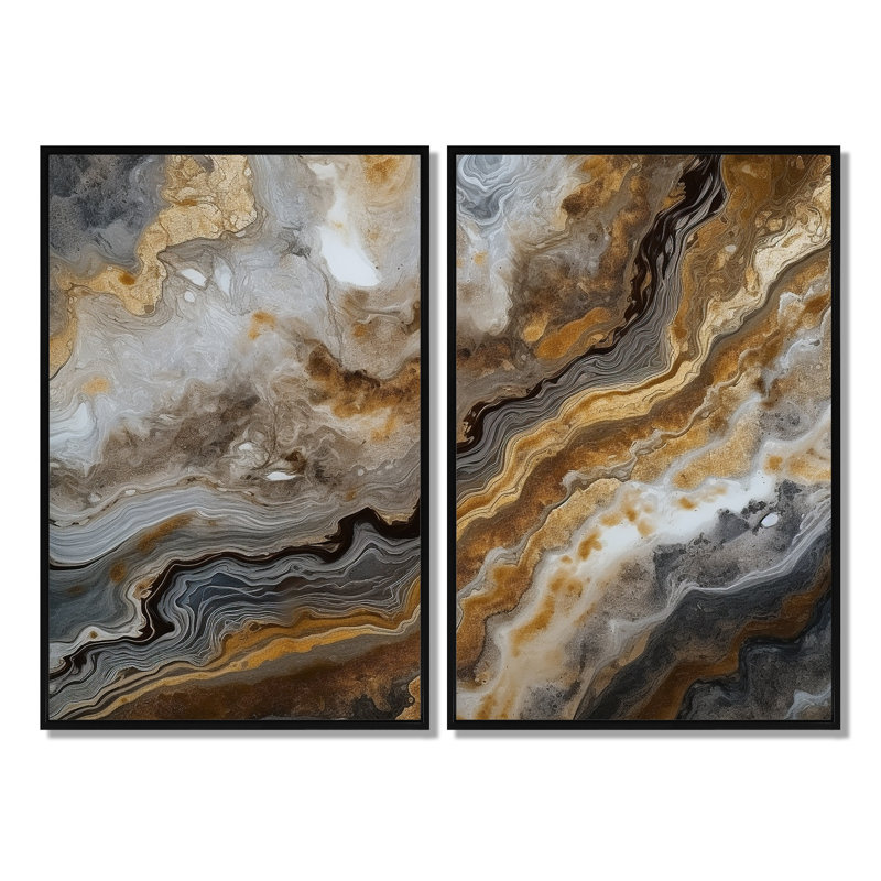 Or et gris, effet de marbre I - art mural abstrait en marbre, H 36 po x l 48 po, Impression encadrée flottante, Noir