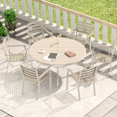 7 Pieces Outdoor Patio Dining : 6 Stackable Metal Chairs And A 52.73" Round Table, Ergonomic Seating, - Scratch, Toned Of With Weather Frame, Easy To Clean Surface, Seats